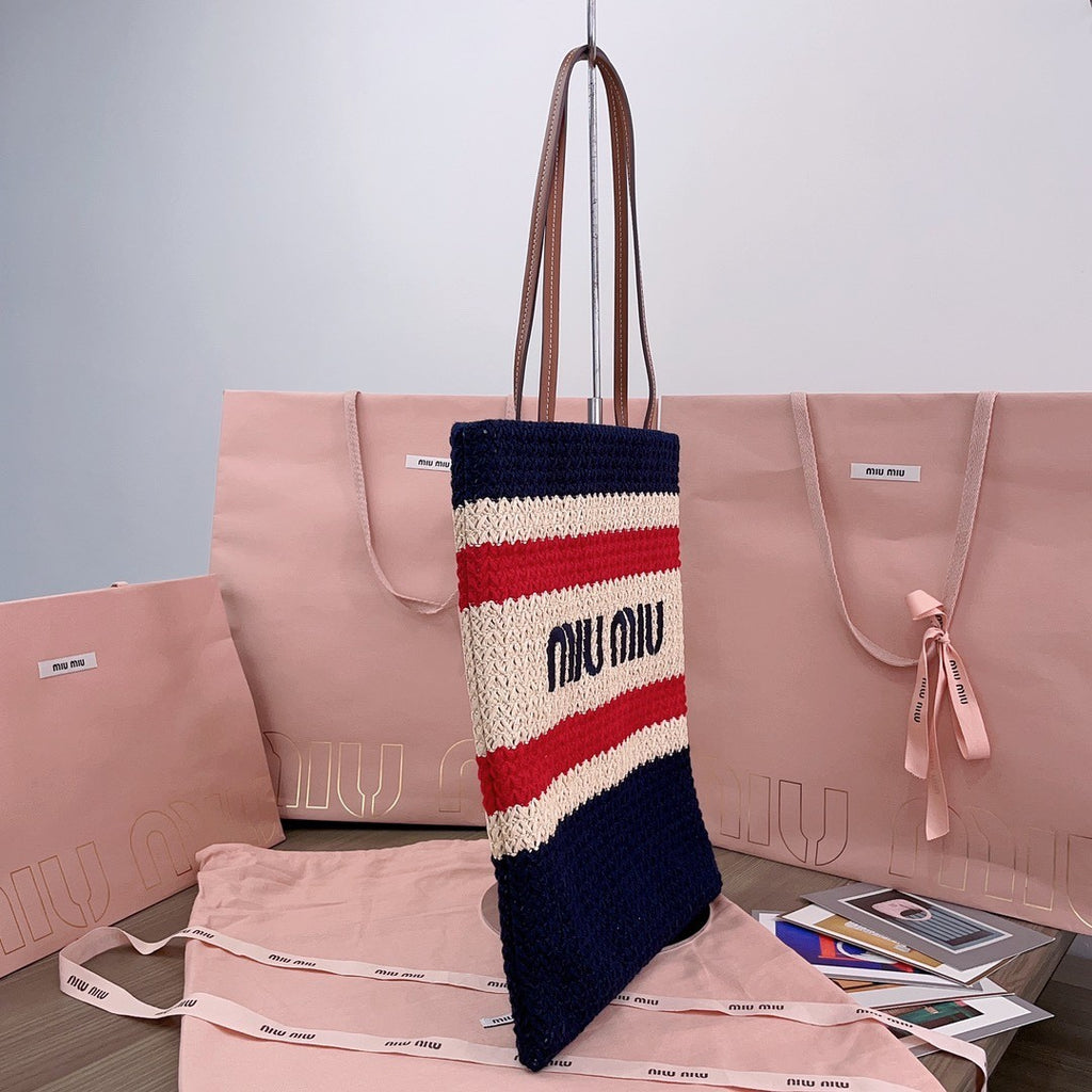 MiuMiu Women's Logo Embroidery Raffia Patchwork Cotton Thread Woven Shopping Bag Shoulder Tote Bags #76743