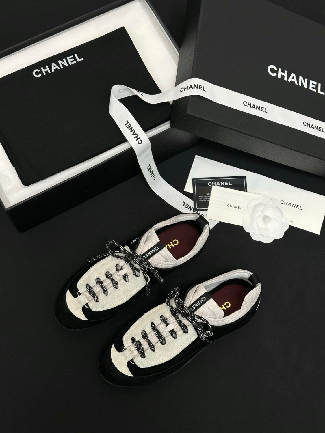 CHANEL Sneakers Velvet Calfskin Mixed Fibers Black White #386496
