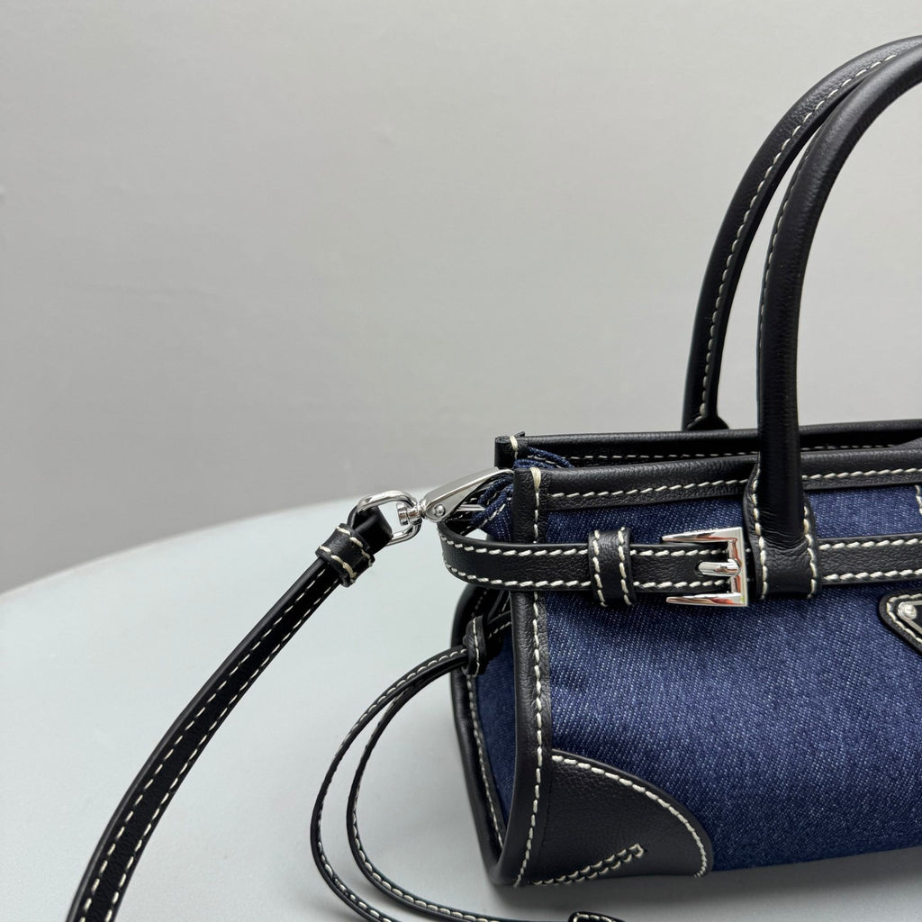 PRADA Women's Bonnie French Triangle Metal Logo Classic Versatile Mixed Materials Handbag Mini Women's Blue And Brown #332335