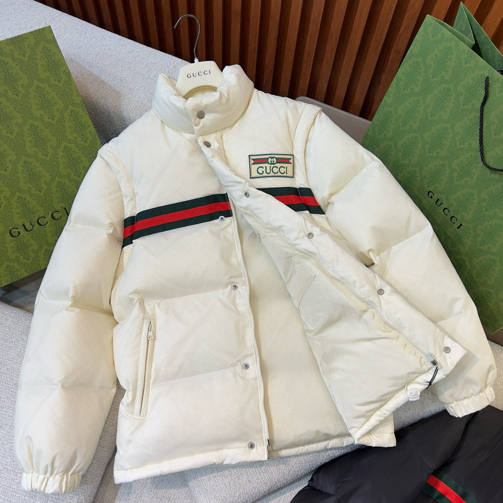 Gucci Men's And Women's Winter Fashion Casual High Neck Single Button Red Green Striped Webbing Contrast Collar Detachable Sleeves Down Jacket #79374