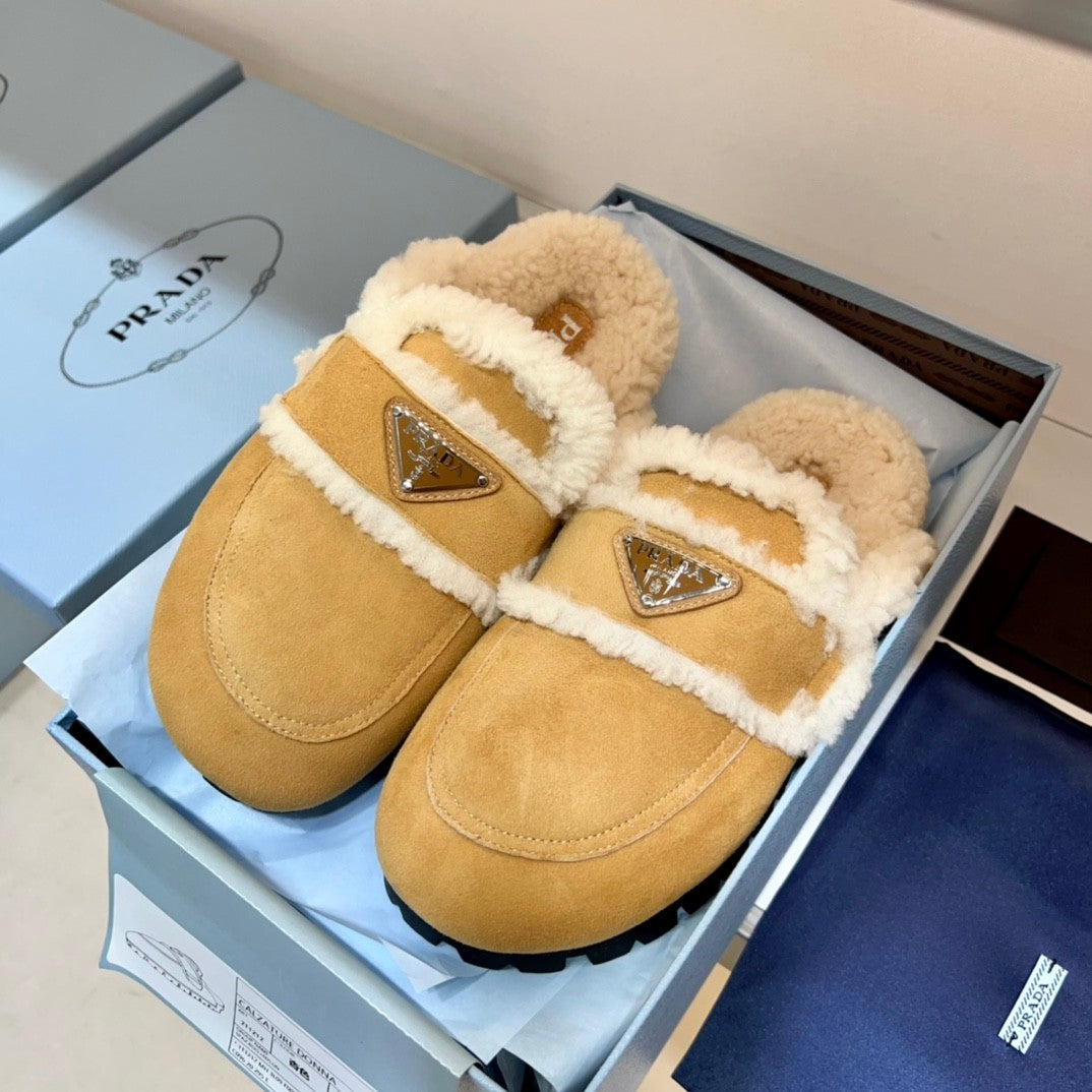Prada Women's Fall/Winter Fashion Casual Round Toe Open Back Classic Logo Triangle Label Shearling Slippers Shoes #79521