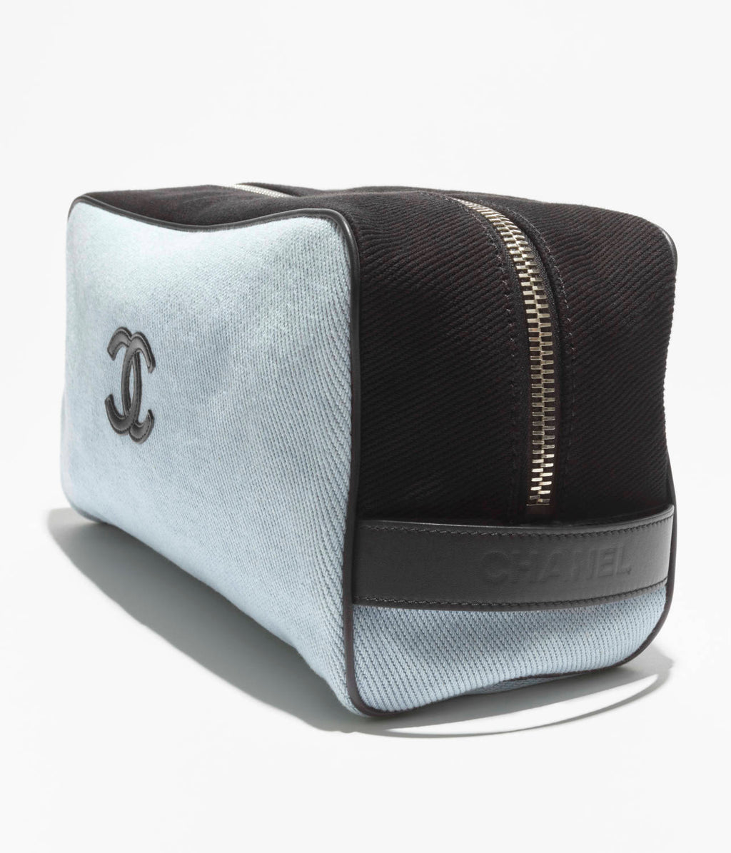 Chanel Large Zipped Pouch Canvas Calfskin Silver-tone Metal Blue And Black Stylish And Elegant Make-up Bag Bags #84397A