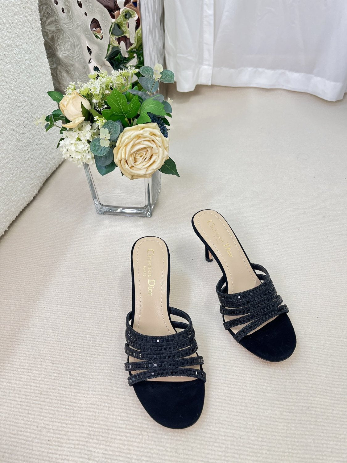 Dior Gem High Heel Fashion Sandals Slippers Women's Spring And Summer Black Silver Gold 8cm Leather Shoes Heel Fashion Temperament Sexy High Heel Shoes #81416