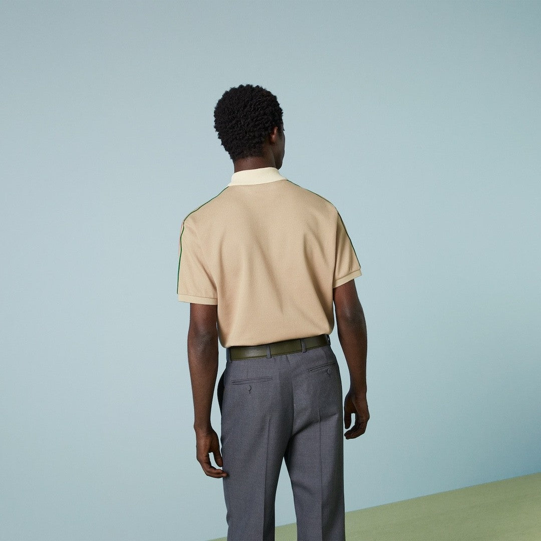Gucci Men's Summer Khaki Striped Trim Cotton Polo Neck Short Sleeve T-Shirt #98683