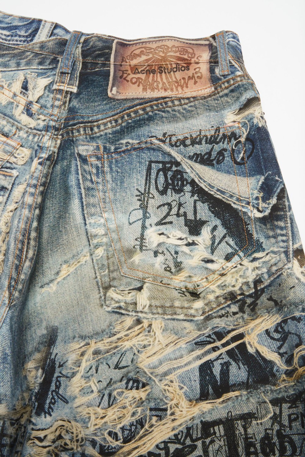 Acne Studios Men's Spring And Summer Ripped Graffiti Mise-en-scène Effect Print Denim Pants Super Loose Fit Jeans Fashion High Street Casual Blue Straight Trousers Ngvp #1186