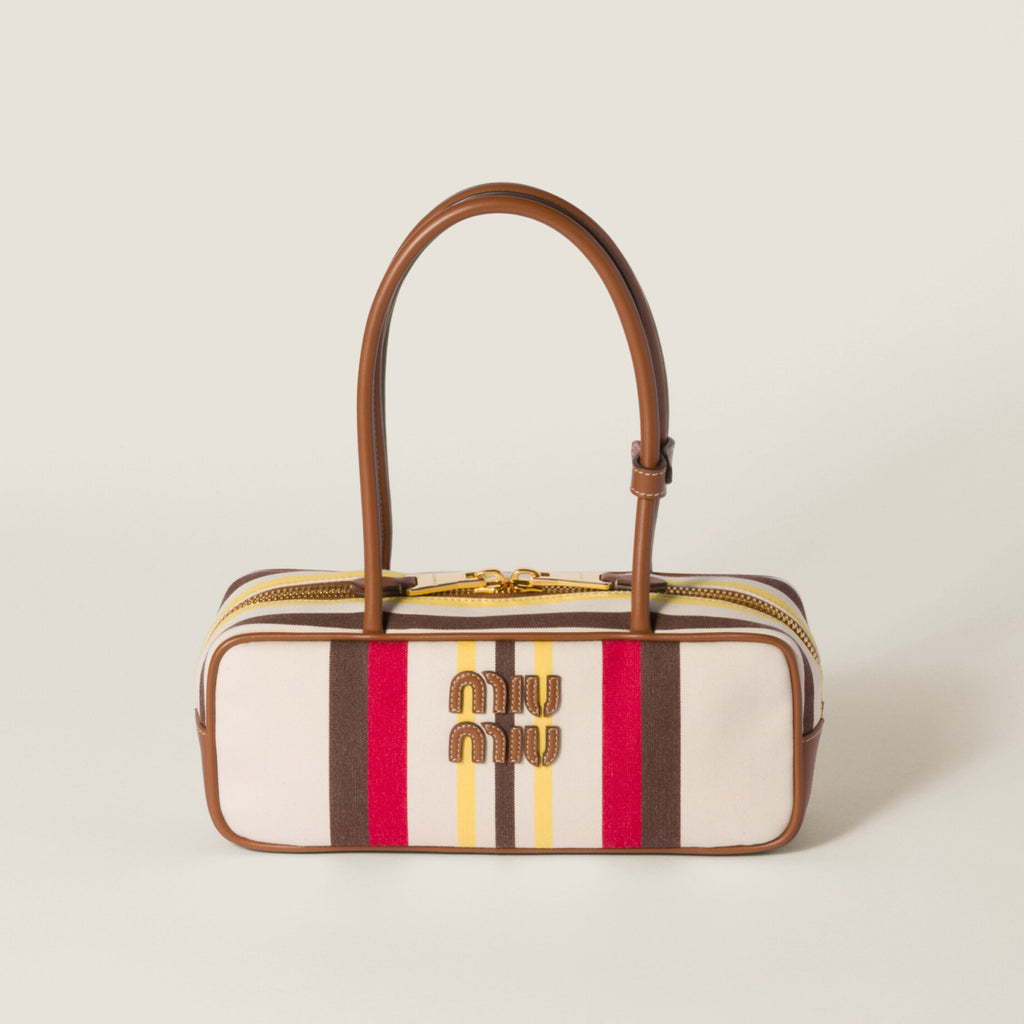 MiuMiu Beau Women's Embroidered Logo Print Striped Canvas And Calfskin Handbag Shoulder Bag Bags #77932