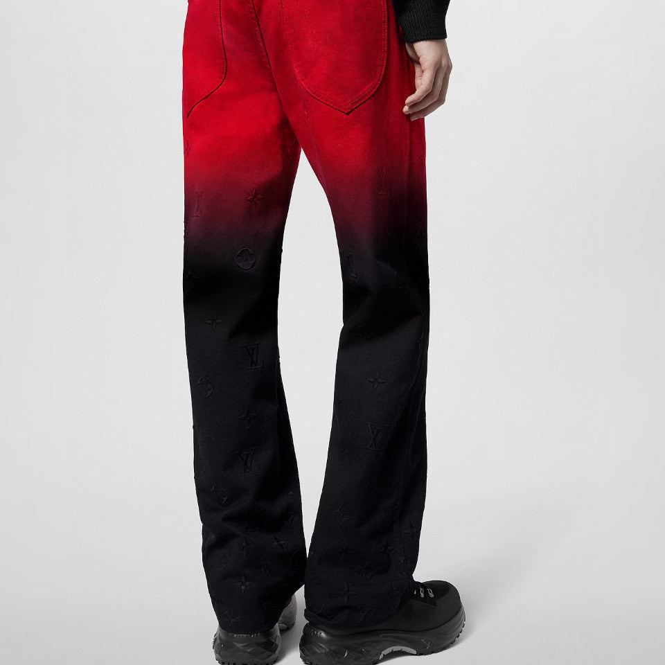 Louis Vuitton Men's Fall/Winter Black and Red Gradient Embroidered Logo Patterns Straight Leg Jeans Pants #98169