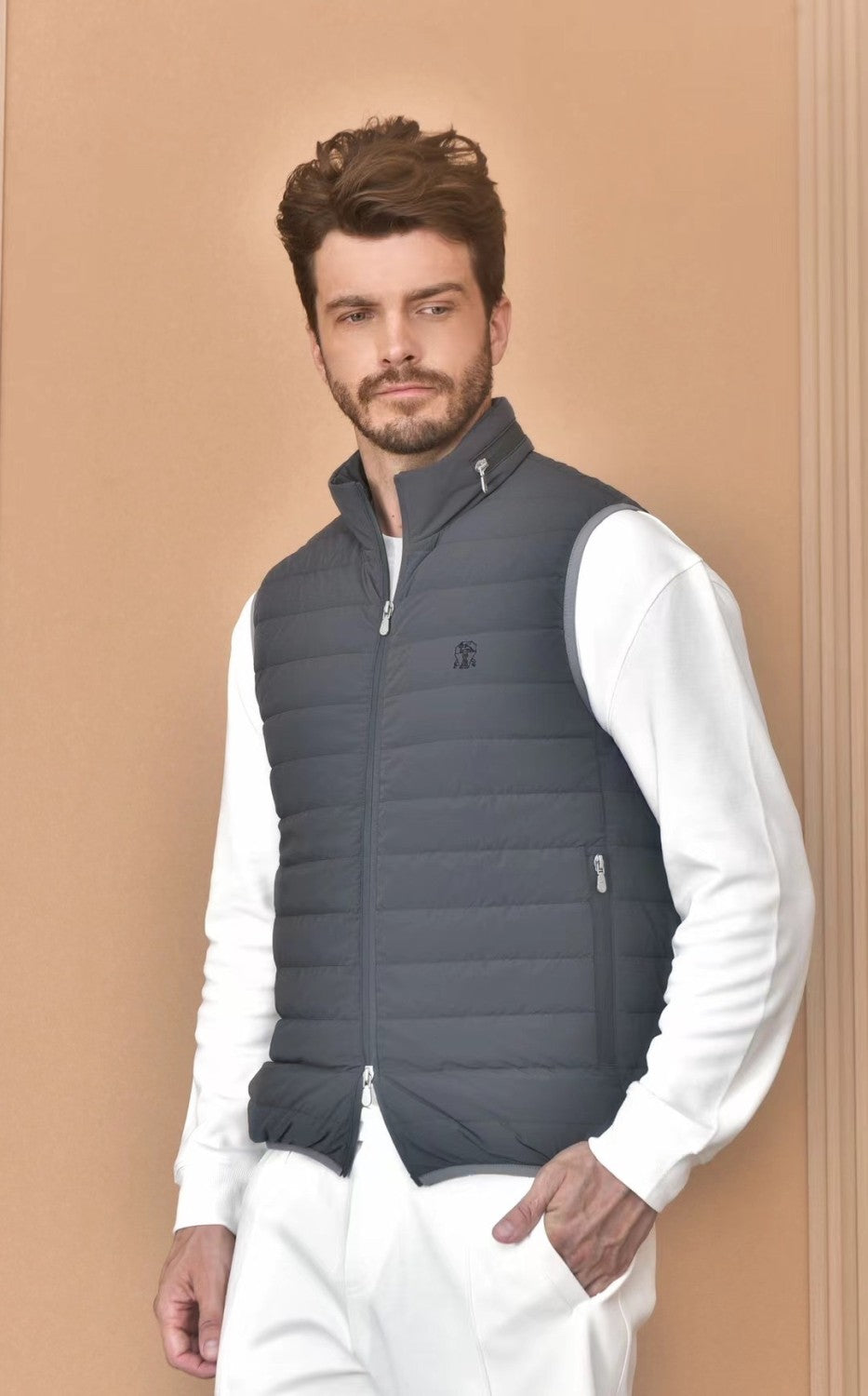 Brunello Cucinelli Men's Logo Embroidered High Neck Zipper Solid Color Fitted Straight Sleeveless Down Vest Ngvp #9665