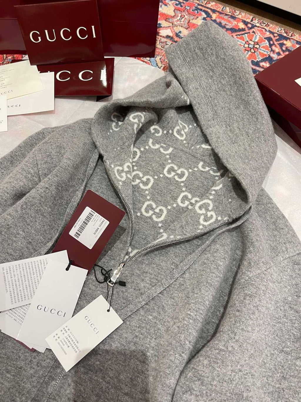 Gucci Men's Autumn and Winter Gray Full Printed Reversible Hooded Zipper Long Sleeve Jacket #74292