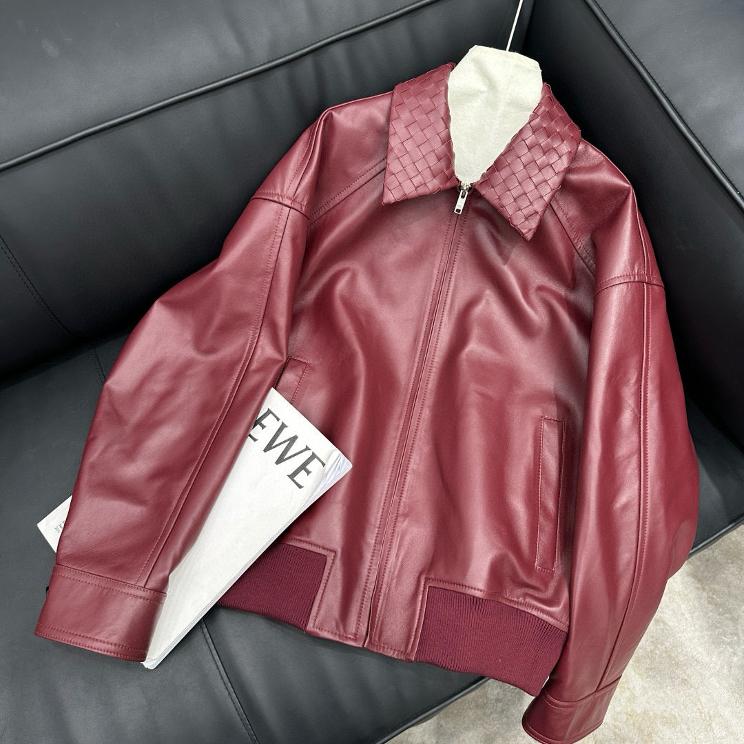 Bottega Veneta Men's Spring And Autumn Woven Lapel Zipper Solid Color Leather Long Sleeve Jacket Ngvp #1412