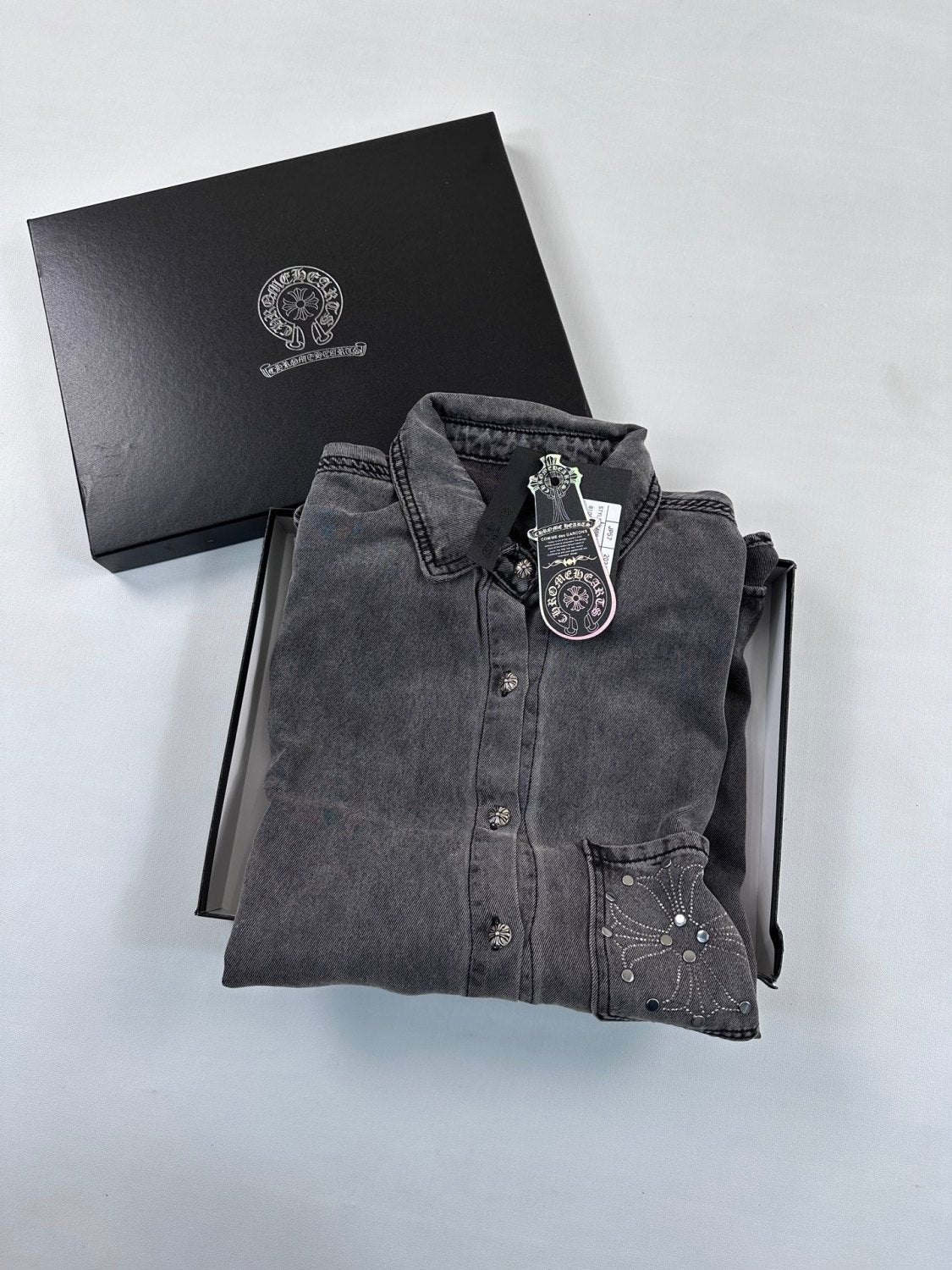 Chrome Hearts Men's Spring/Fall Fashion Casual Collared Single Breasted Washed Distressed Denim Shirt Jacket #78566