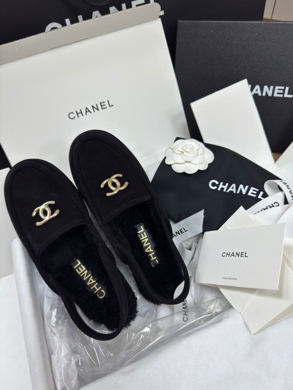 Chanel Women's Fall/Winter Casual Round Toe Slip On Teddy Fur Logo Flat Mules Shoes #79254