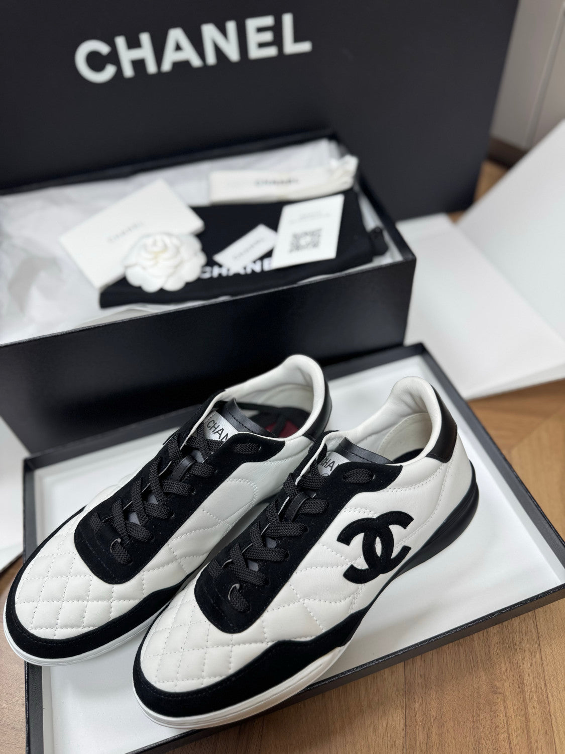 CHANEL Sneakers Calfskin Suede Kidskin White Black #378783