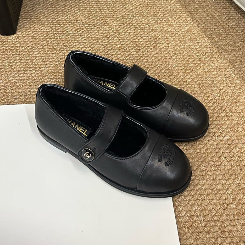 Chanel Women's Autumn/Winter Mary Jane Shoes Solid Color Leather Lamb Wool Single Shoes Round Head Buckle Flat Heel Casual Shoes #81733