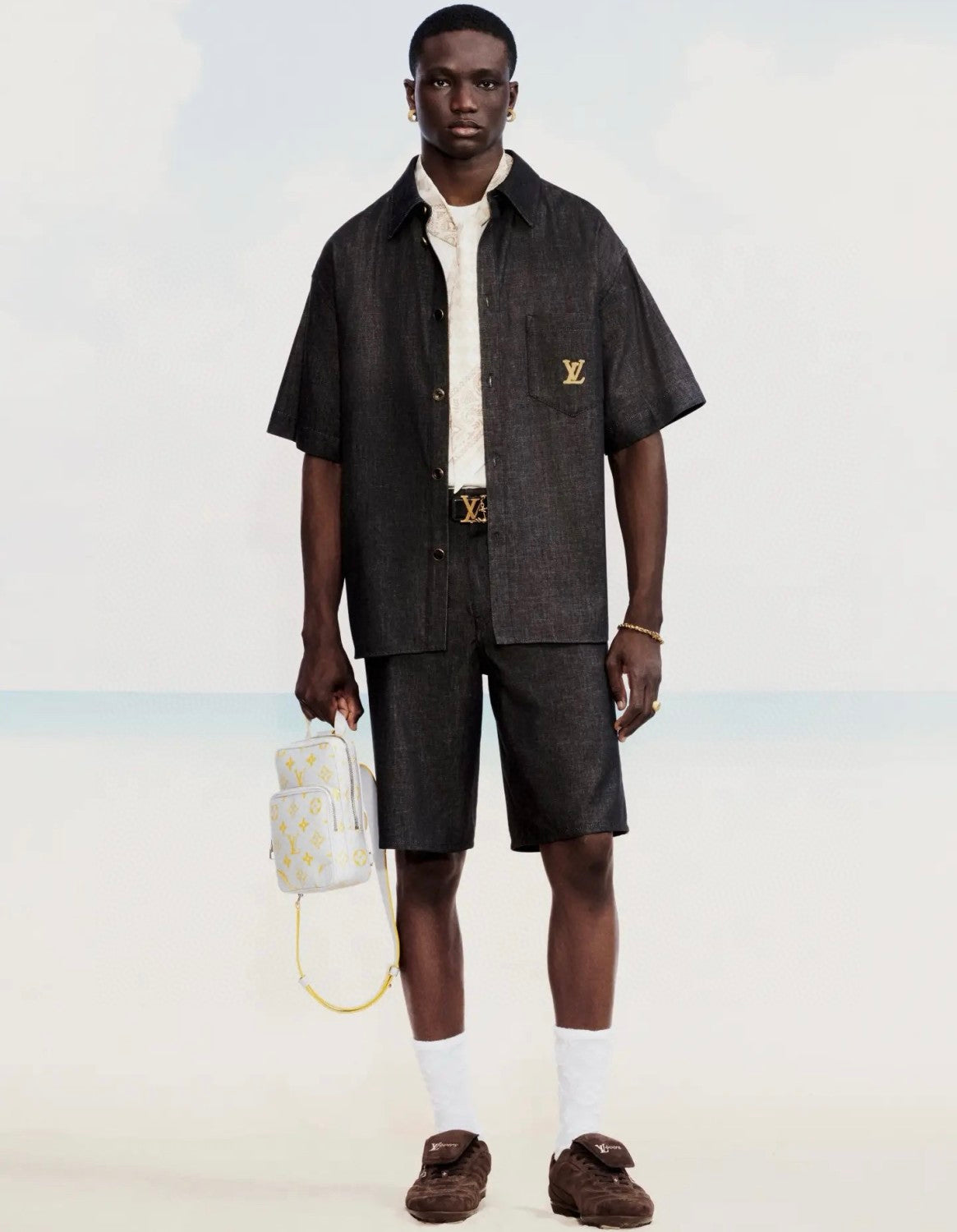 Louis Vuitton Men's Summer Plain Colour Denim Single Breasted Short Sleeved Shirt And Casual Shorts Set Suit #77766