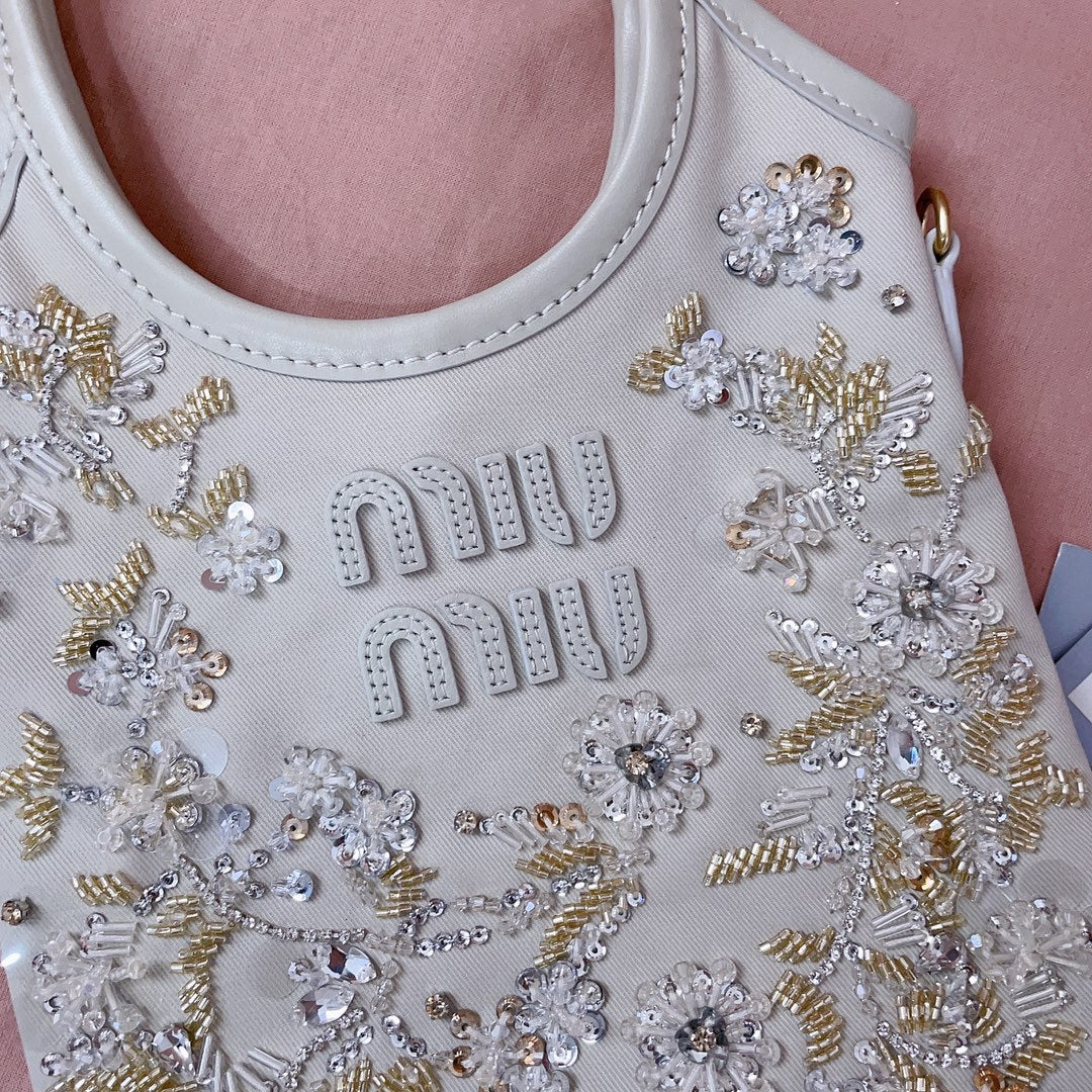 MiuMiu IVY Women's Solid Colour Floral Embroidery Steel Hardware Accessories Cotton Shoulder Crossbody Handbag Bag Bags #76742