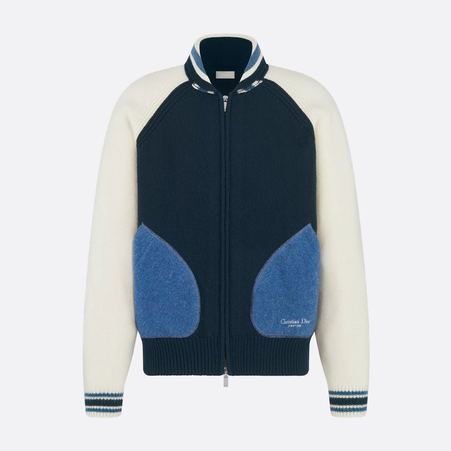 Dior Men's Spring/Fall Vintage College-Style Color-Block Wool Sweater with Floral Embroidery Plain-Knit Long-Sleeve Oversized Cardigan #81595