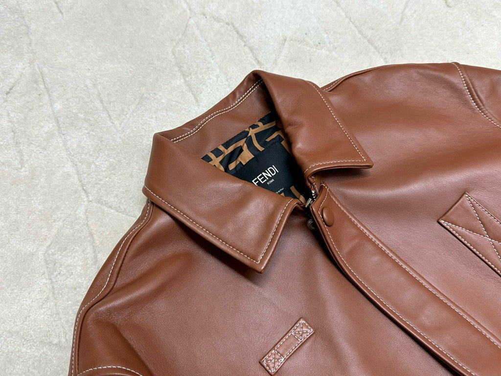 Fendi Men's Autumn and Winter Brown Lapel Zipper Loose Long Sleeve Leather Jacket #98884