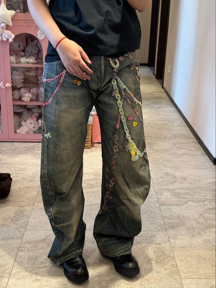 Acne Studios Men'S Women'S Four Seasons 3d Print Chain Print Loose Fit Jeans Fashion High Street Machete Pants Jeans  Ngvp #1343
