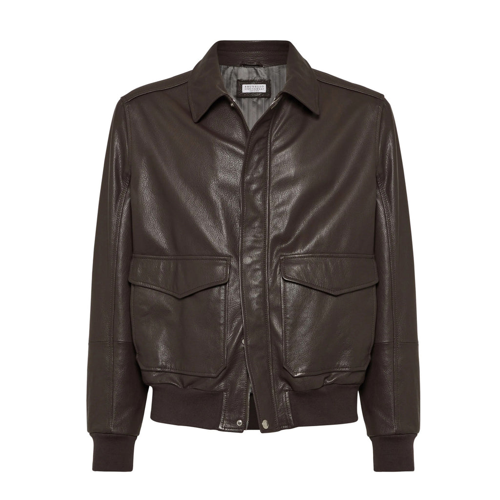 Brunello Cucinelli Men's Spring/Autumn Sheepskin Solid Color Zipper Collar Long Sleeve Grained Leather Aviator Jacket Ngvp #2286