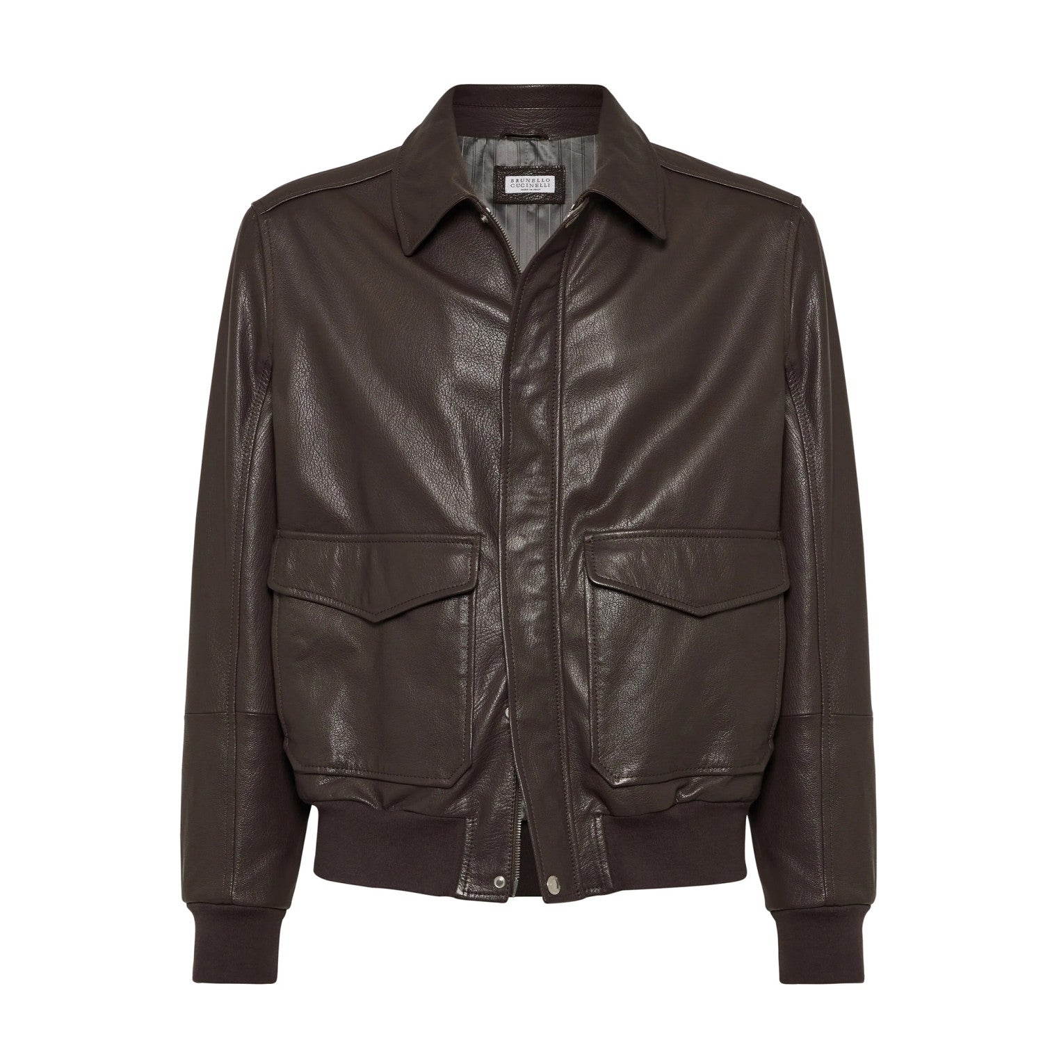 Brunello Cucinelli Men's Spring/Autumn Sheepskin Solid Color Zipper Collar Long Sleeve Grained Leather Aviator Jacket Ngvp #2286