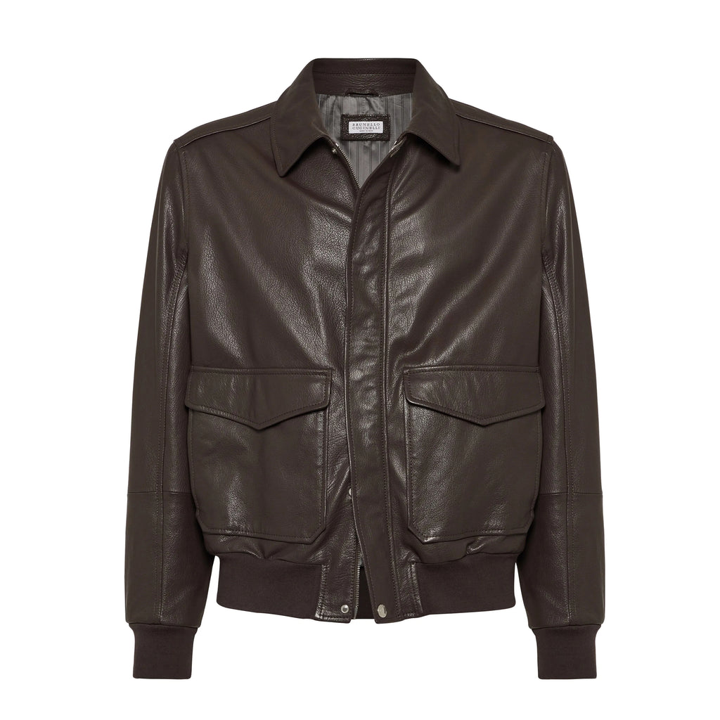 Brunello Cucinelli Men's Spring/Autumn Sheepskin Solid Color Zipper Collar Long Sleeve Grained Leather Aviator Jacket Ngvp #2286