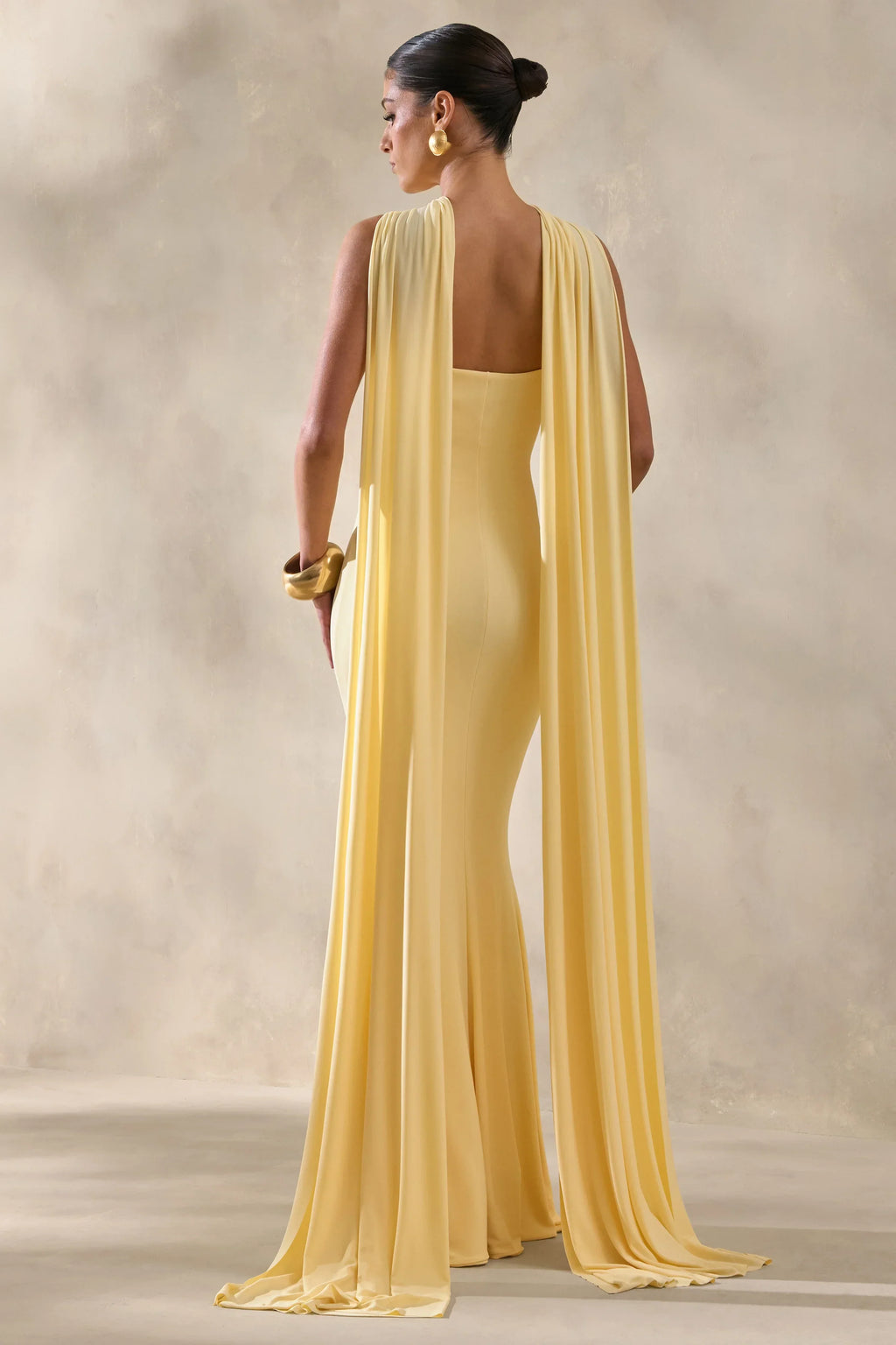 Rhoda | Lemon Twist Halter-Neck Cape Maxi Dress