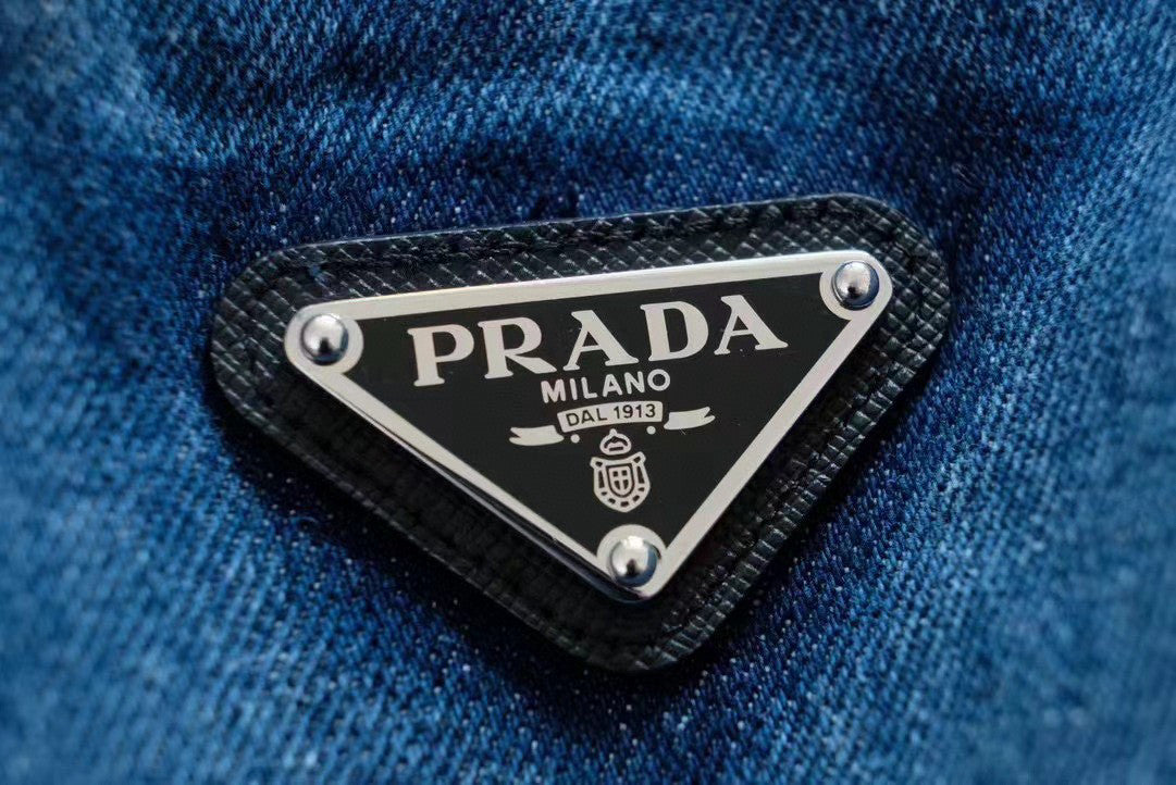 Prada Women's Spring/Fall Fashion Casual Zipper Collar Logo Triangle Emblem Denim Jacket #78971