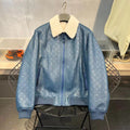 Louis Vuitton Men's Winter Wool Lining Blue Dark Logo Print Leather Zip Jacket #97752