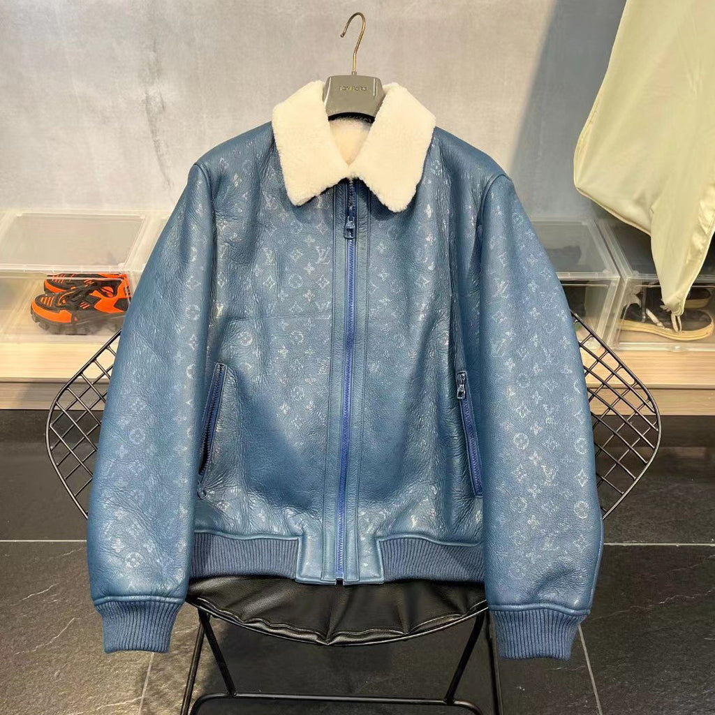 Louis Vuitton Men's Winter Wool Lining Blue Dark Logo Print Leather Zip Jacket #97752