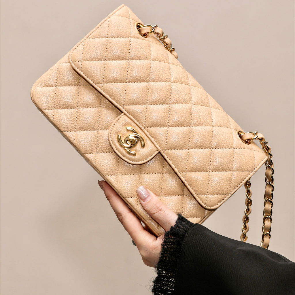 Chanel Classic Flap CF 23/25 Classic Chain Grainy Calfskin Mouth Cover Bag Shoulder Crossbody Medium Large Women's Beige Bag Bags A01112-Y01864-21209 #81232