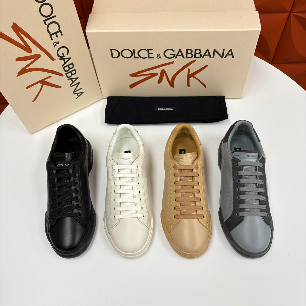 Dolce&Gabbana Men's And Women's Spring/Fall Fashion Casual Round Toe Lace Up Solid Color Leather Printed Rubber Sole Sneakers Shoes #78728