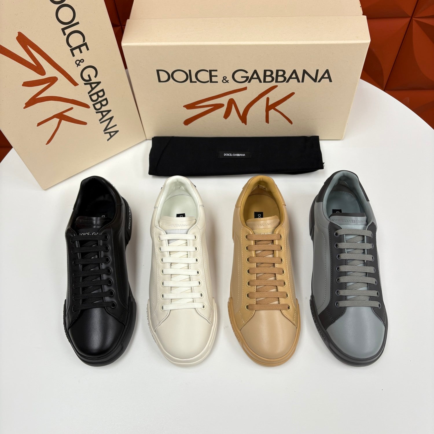 Dolce&Gabbana Men's And Women's Spring/Fall Fashion Casual Round Toe Lace Up Solid Color Leather Printed Rubber Sole Sneakers Shoes #78728