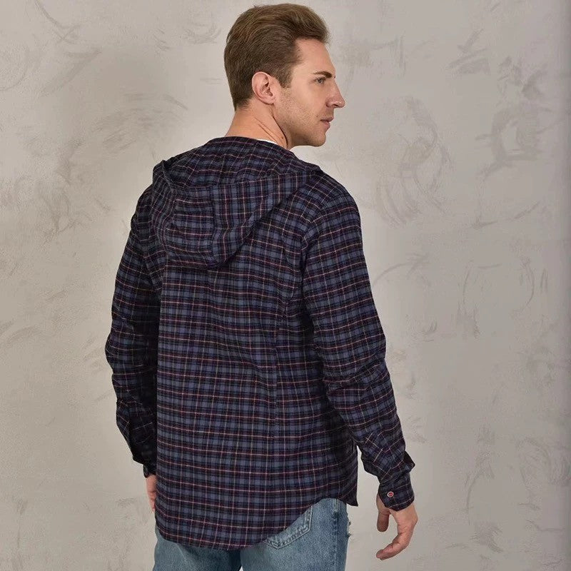 Kiton Men's Spring And Fall Retro Plaid Hooded Shirt Long-sleeved Lapel Buttons Fashion Casual Denim Cotton Shirt Ngvp #8879
