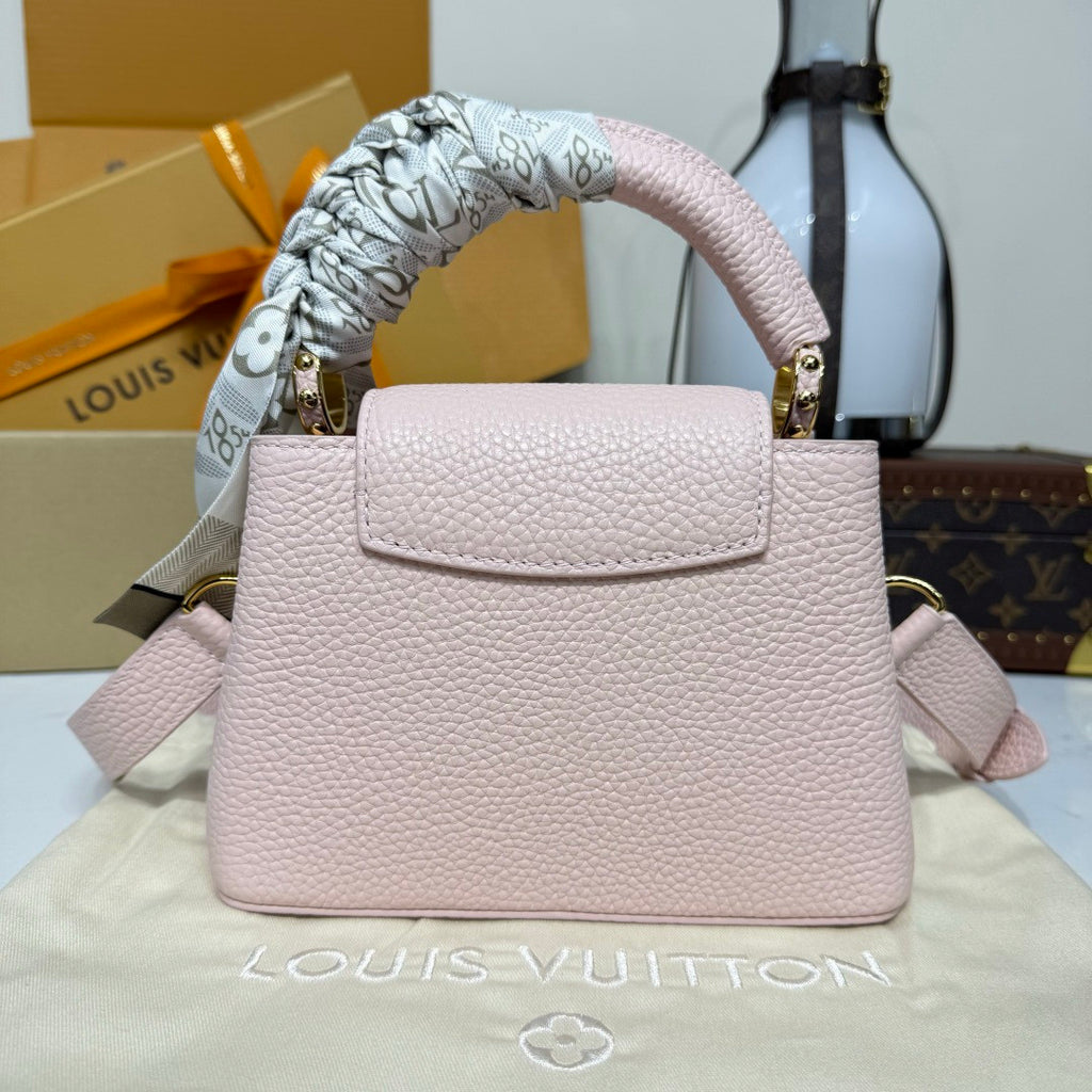Louis Vuitton CAPUCINES MINI Handbag M24740 Cherry Blossom Pink Chip Monogram Floral Pattern Taurillon Leather Fashionable Modern Clutch Tote Crossbody Bag Bags #195564