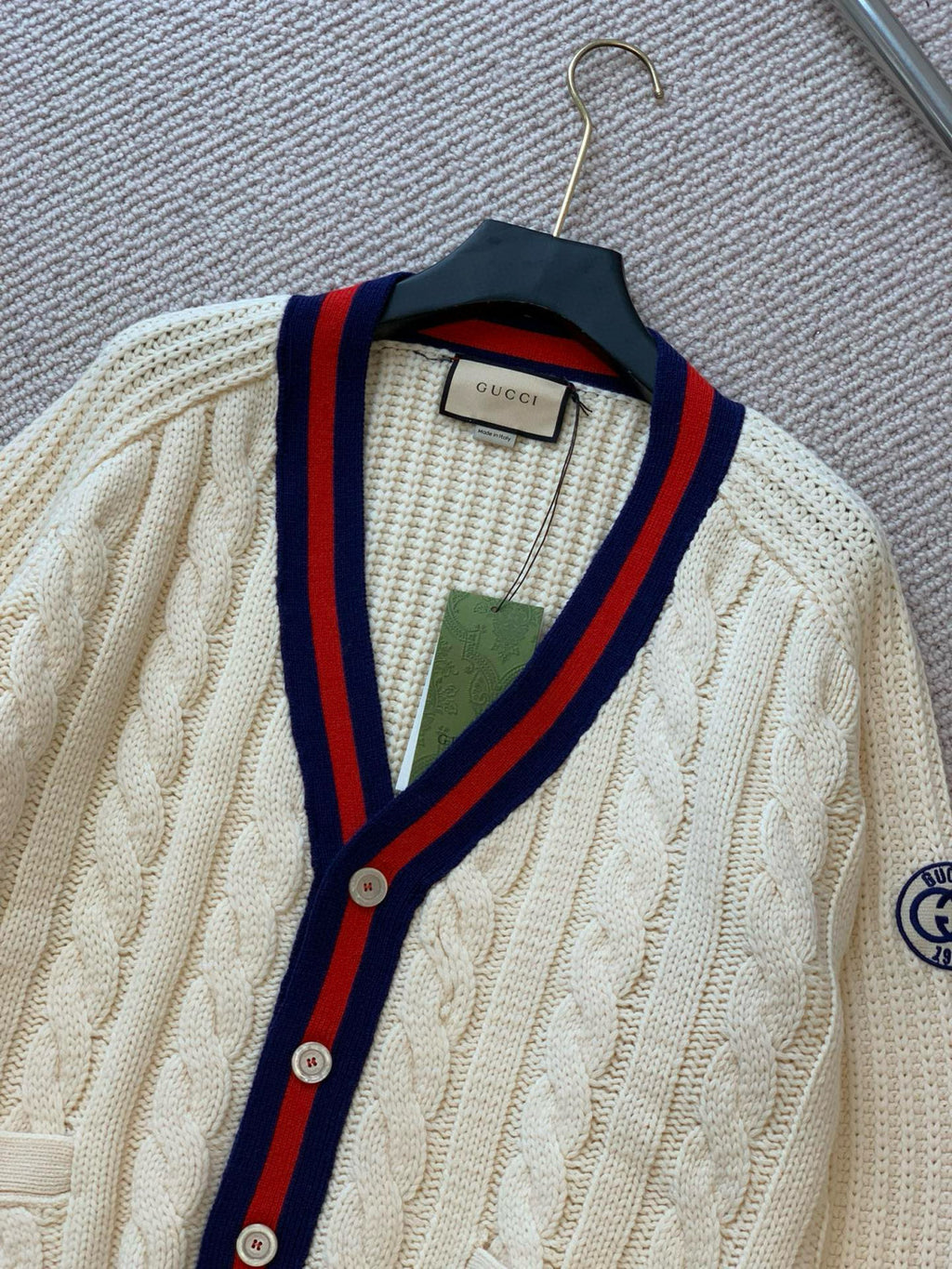 Gucci Men's Beige Colour Block Stripe V-Neck Single Breasted Long Sleeve Knitted Cardigan #97871