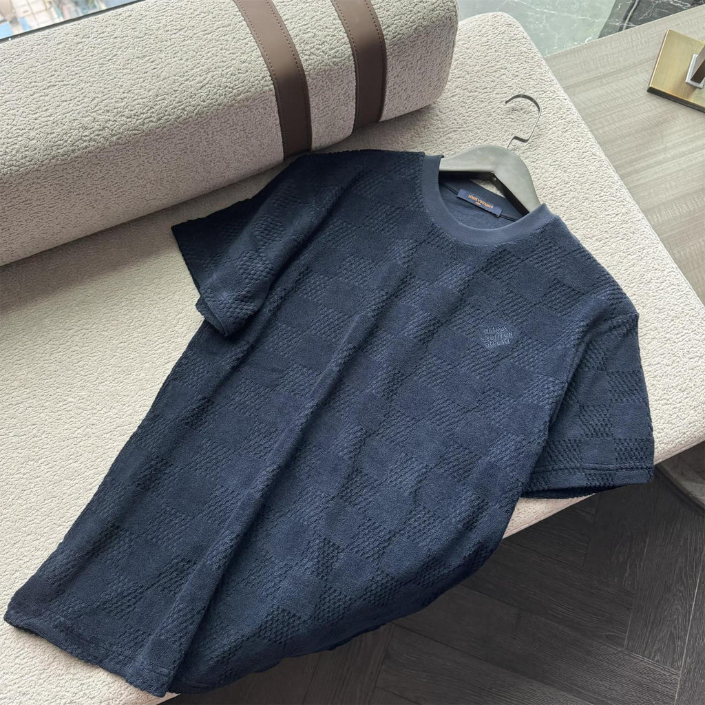 Louis Vuitton Men's Summer Solid Color Checkered Print Terry Fabric Crew Neck Short Sleeve T-Shirt #77881