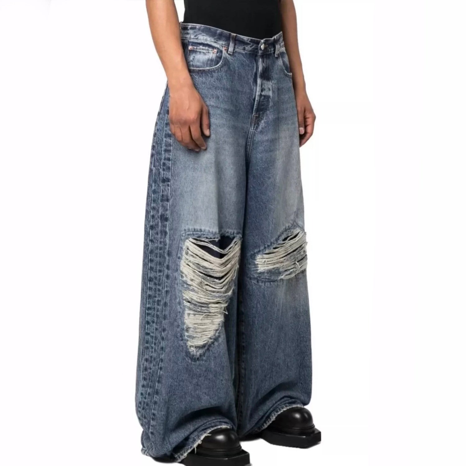 Vetements Men's Four Seasons Hole Blue Vintage Old Jeans Loose Straight Casual Wide Leg Pants Ngvp #9123