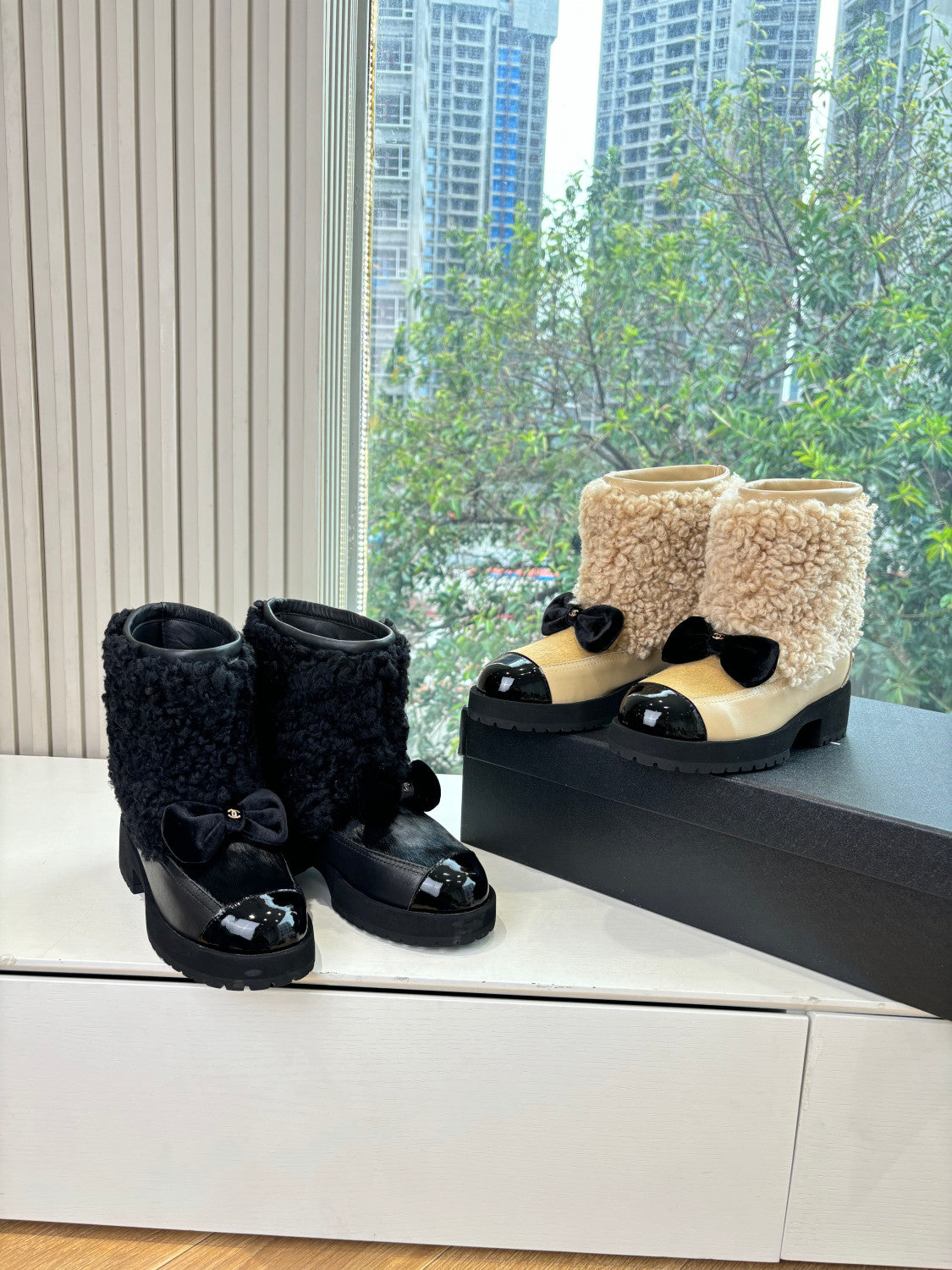 Chanel Short Boots Shearling Lambskin Calfskin Lambskin Patent Calfskin Beige Black #334244