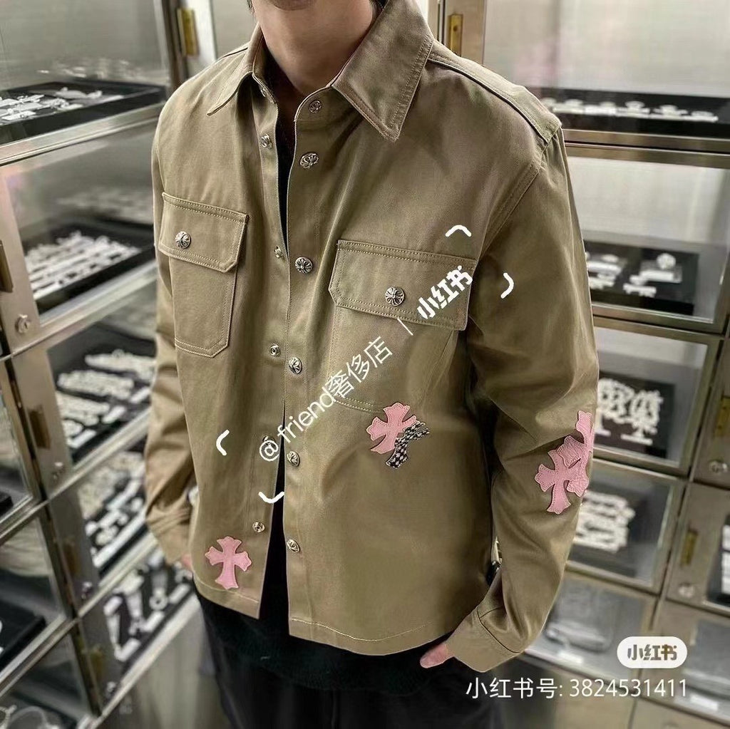 Chrome Hearts Men's Spring/Fall Casual Style Checkered Collar Single-Breasted Solid Color Shirt Jacket Set with Relaxed Fit Workwear Pants #78854