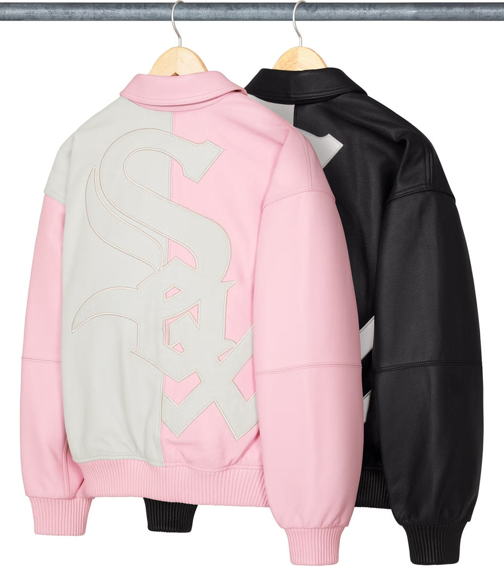Supreme x Chicago White Sox FW25 WEEK5  Men's and Women's Leather Logo Patch Zipper Closure Varsity Jacket #332978