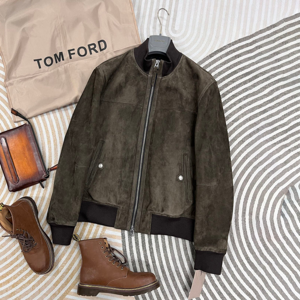 Tom Ford Men's Fall/Winter Casual Fashion Crew Neck Zipper Long Sleeve Baseball Leather Jacket #79296
