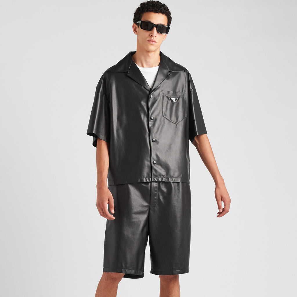 Prada Men's Summer Solid Color Leather Single Breasted Short Sleeve Shirt Stretch Shorts Set Suit #98895