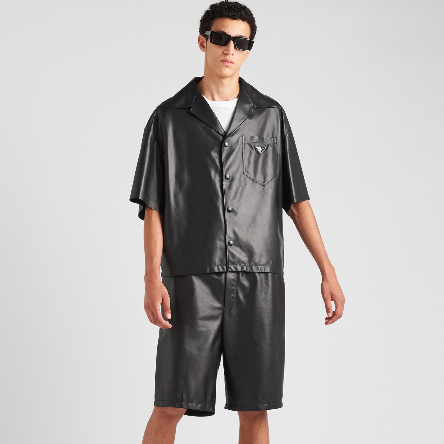 Prada Men's Summer Solid Color Leather Single Breasted Short Sleeve Shirt Stretch Shorts Set Suit #98895