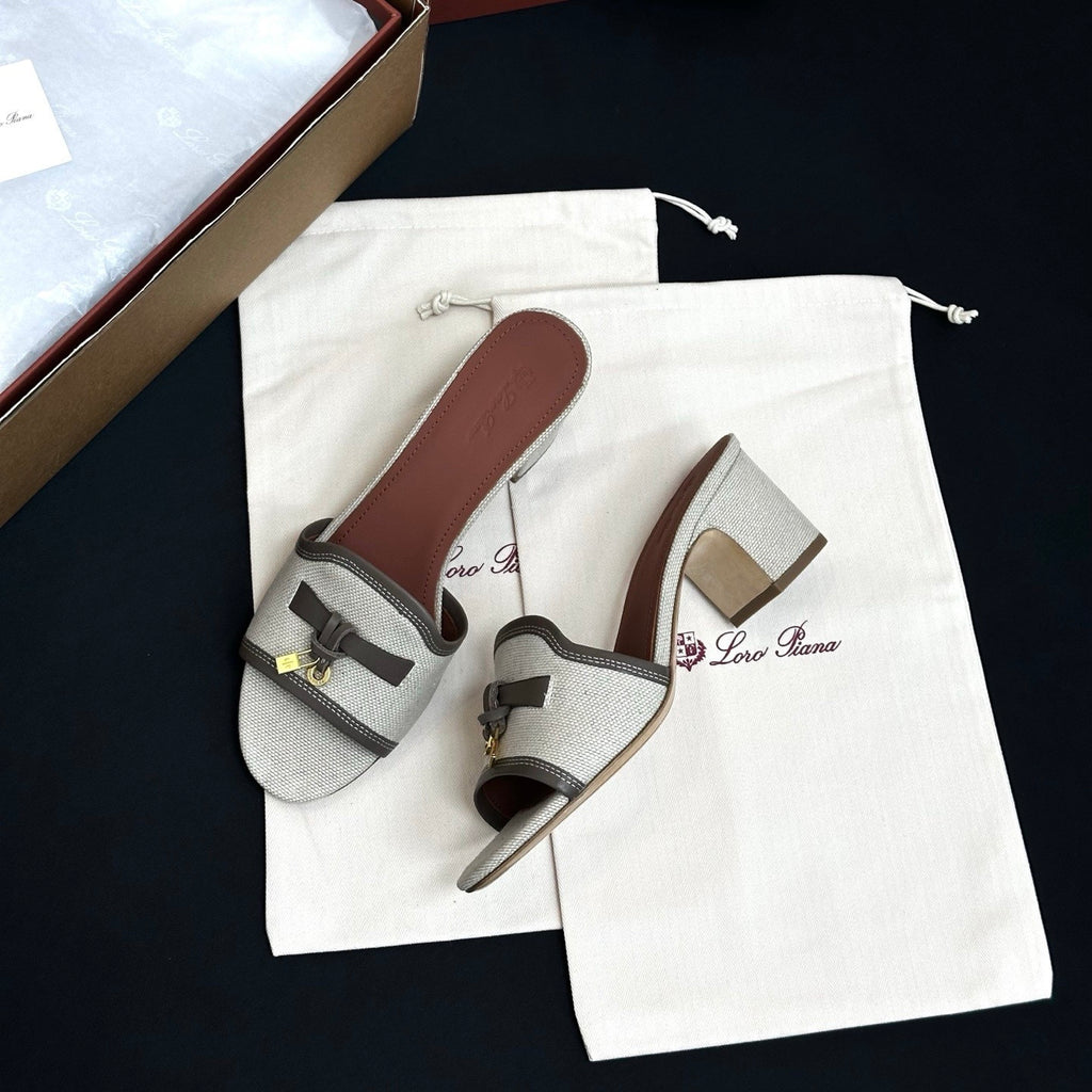 Loro Piana Linen Pendant High Heel Sandals Slippers #381477