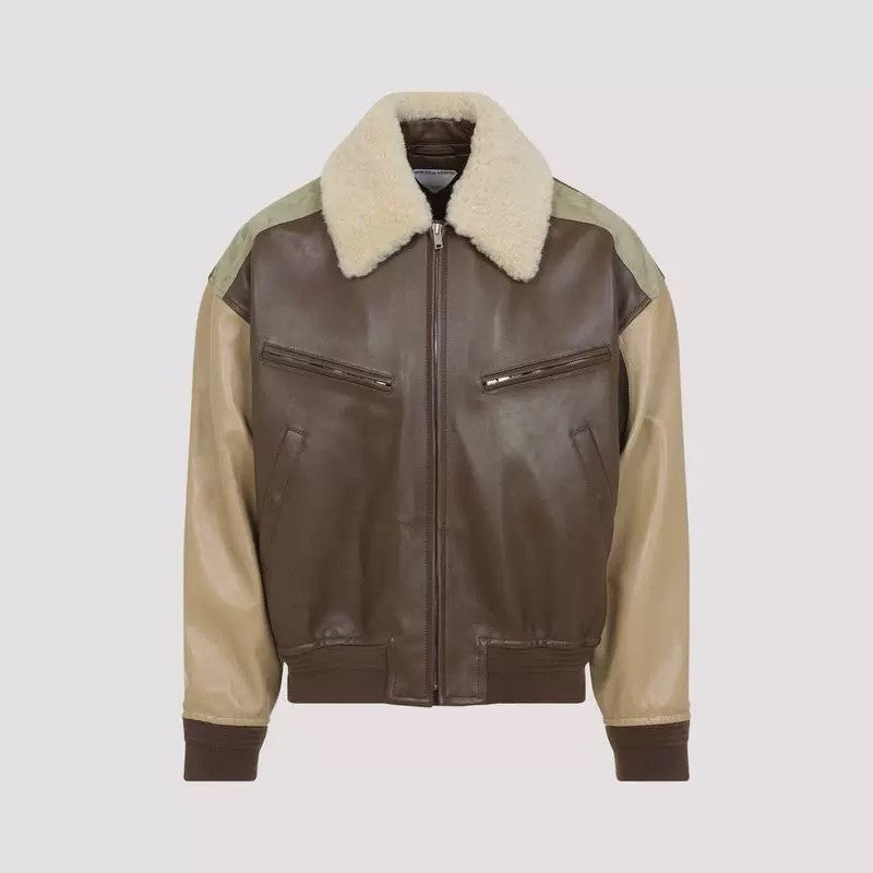 Bottega Veneta Men's Soft Leather Removable Lambswool Collar Spring And Autumn Color-Block Zipper Long-Sleeved Nappa Blouson Leather Jacket Ngvp #2126