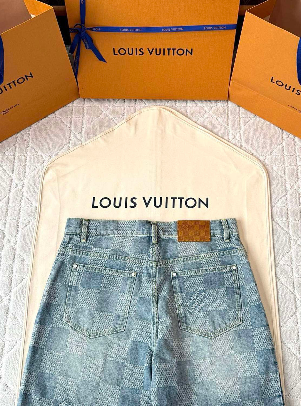 Louis Vuitton Men's Summer Solid Colour Checkerboard 3D Print Casual Denim Shorts #76864