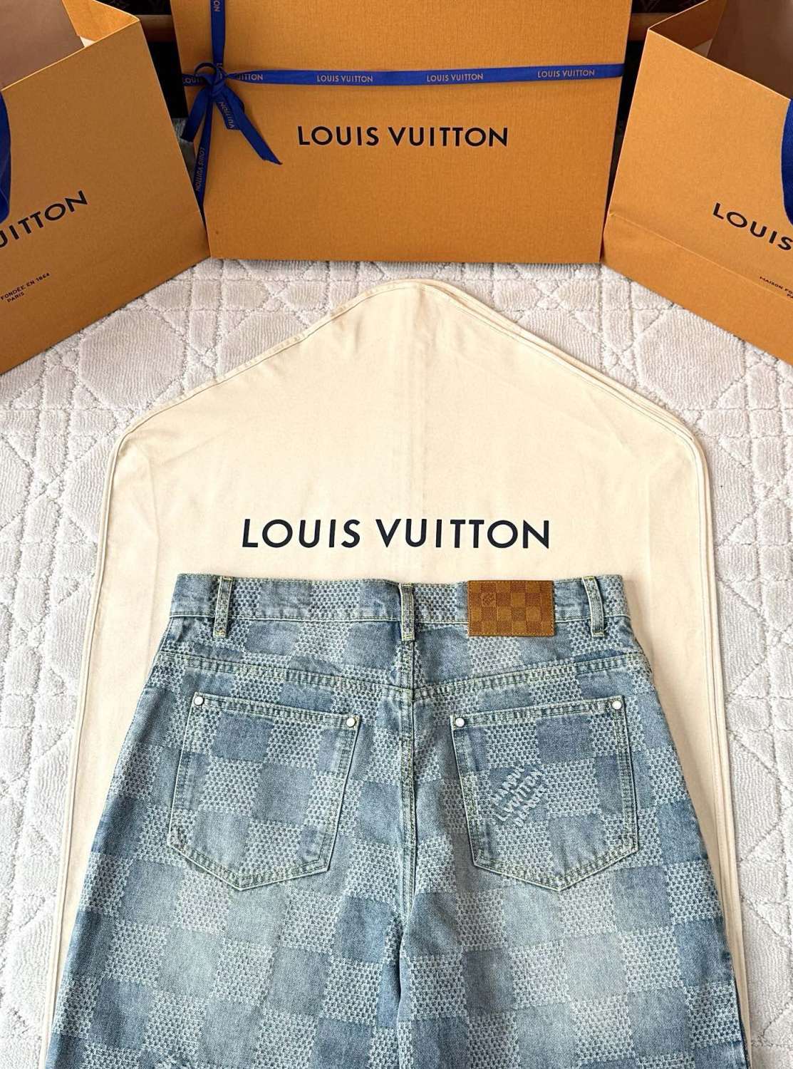 Louis Vuitton Men's Summer Solid Colour Checkerboard 3D Print Casual Denim Shorts #76864