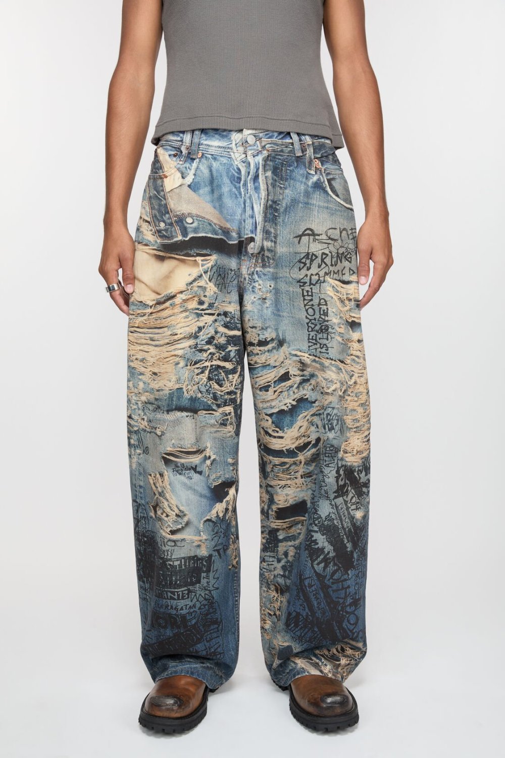 Acne Studios Men's Four Seasons Printed Hole Torn Solid Color Super Baggy Straight Fit Jeans Ngvp #1413