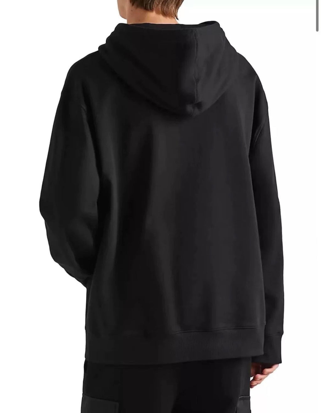 Prada Men's Spring and Fall Triangle Metal Label Black Cotton Hooded Drawstring Loose Sweatshirt Pullover #73284
